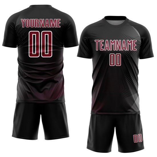 Maillot de football personnalisé blanc cramoisi à sublimation avec lignes noires et motifs géométriques Maillot de football personnalisé blanc cramoisi à sublimation avec lignes noires et motifs géométriques