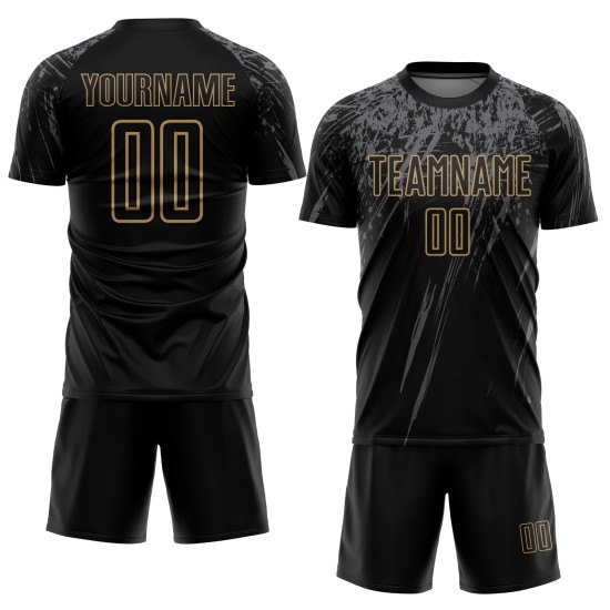 Maillot de football personnalisé noir, uniforme gris-or sublimé Maillot de football personnalisé noir, uniforme gris-or sublimé