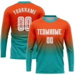 Maillot de football à manches longues, blanc et bleu, à sublimation, personnalisé, orange Maillot de football à manches longues, blanc et bleu, à sublimation, personnalisé, orange