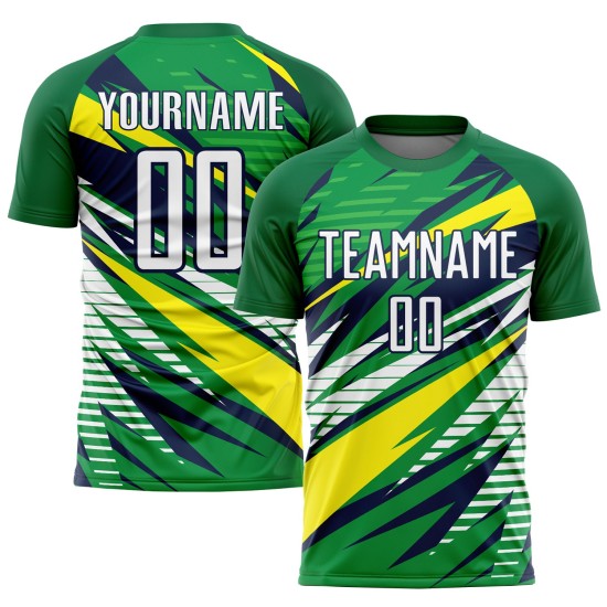 Maillot de football vert personnalisé par sublimation, uniforme blanc, jaune et bleu marine Maillot de football vert personnalisé par sublimation, uniforme blanc, jaune et bleu marine