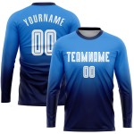 Maillot de sublimation à manches longues, blanc poudre, bleu marine, dégradé, uniforme de football, personnalisé Maillot de sublimation à manches longues, blanc poudre, bleu marine, dégradé, uniforme de football, personnalisé