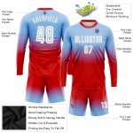 Maillot de football à manches légères, personnalisé, à sublimation, bleu, blanc et rouge, à la mode, dégradé Maillot de football à manches légères, personnalisé, à sublimation, bleu, blanc et rouge, à la mode, dégradé