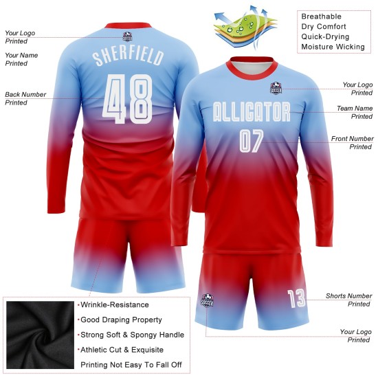 Maillot de football à manches légères, personnalisé, à sublimation, bleu, blanc et rouge, à la mode, dégradé Maillot de football à manches légères, personnalisé, à sublimation, bleu, blanc et rouge, à la mode, dégradé