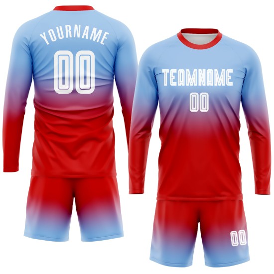 Maillot de football à manches légères, personnalisé, à sublimation, bleu, blanc et rouge, à la mode, dégradé Maillot de football à manches légères, personnalisé, à sublimation, bleu, blanc et rouge, à la mode, dégradé