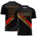 Maillot de football sublimé noir, rouge et ancien, lignes personnalisées, uniforme, diagonale dorée Maillot de football sublimé noir, rouge et ancien, lignes personnalisées, uniforme, diagonale dorée