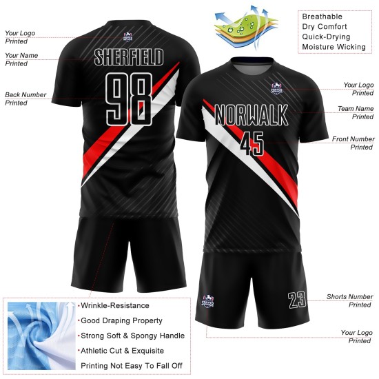 Maillot de football noir et rouge diagonal, sublimation personnalisée, lignes uniformes Maillot de football noir et rouge diagonal, sublimation personnalisée, lignes uniformes