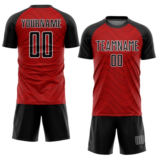 Maillot de football rouge ondulé noir et blanc avec lignes de sublimation personnalisées Maillot de football rouge ondulé noir et blanc avec lignes de sublimation personnalisées