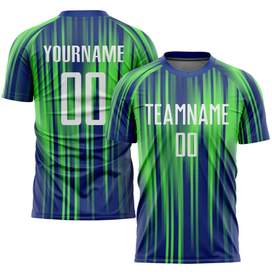 Maillot de football personnalisé par sublimation, blanc et vert royal fluo Maillot de football personnalisé par sublimation, blanc et vert royal fluo