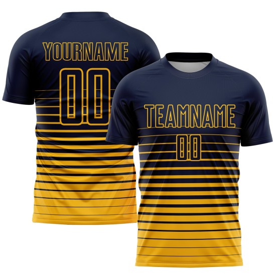Maillot de football bleu marine à rayures fines, imprimé doré et sublimé Maillot de football bleu marine à rayures fines, imprimé doré et sublimé