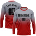 Maillot de football gris personnalisé à manches longues, noir et rouge, à sublimation Maillot de football gris personnalisé à manches longues, noir et rouge, à sublimation