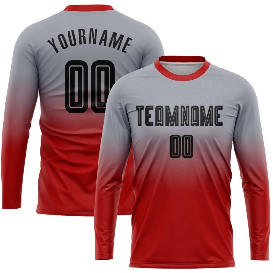 Maillot de football gris personnalisé à manches longues, noir et rouge, à sublimation Maillot de football gris personnalisé à manches longues, noir et rouge, à sublimation