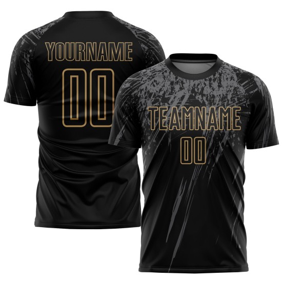 Maillot de football personnalisé noir, uniforme gris-or sublimé Maillot de football personnalisé noir, uniforme gris-or sublimé
