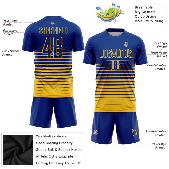 Maillot de football à rayures royales jaunes, uniforme de football à sublimation, personnalisé et à la mode Maillot de football à rayures royales jaunes, uniforme de football à sublimation, personnalisé et à la mode