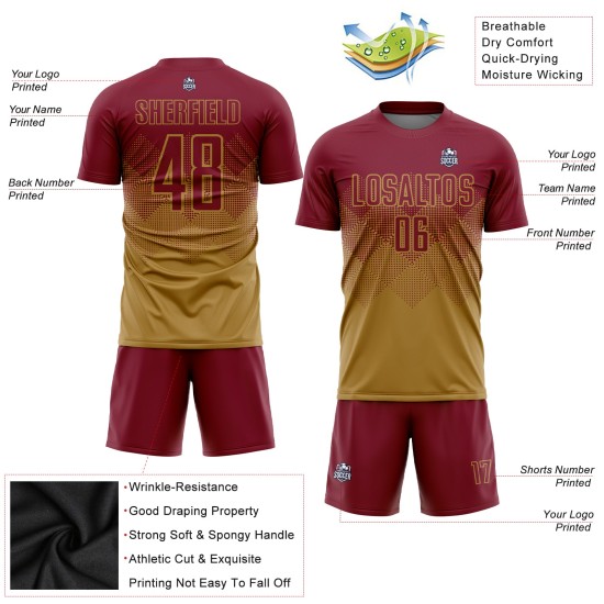Maillot de football personnalisé doré, uniforme cramoisi, sublimation, ancien Maillot de football personnalisé doré, uniforme cramoisi, sublimation, ancien
