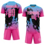 Maillot de football bleu-noir sublimé rose ciel, uniforme personnalisé Splash Maillot de football bleu-noir sublimé rose ciel, uniforme personnalisé Splash