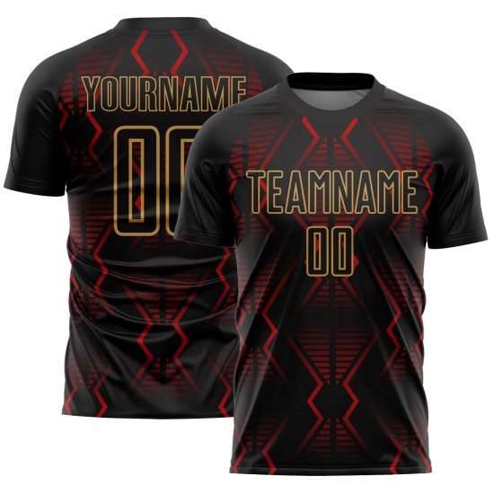 Maillot de football géométrique doré, sublimation, formes personnalisées, uniforme rouge-noir ancien Maillot de football géométrique doré, sublimation, formes personnalisées, uniforme rouge-noir ancien