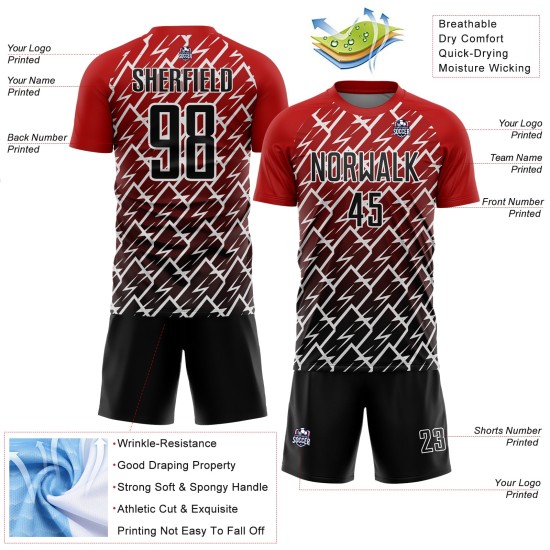 Maillot de football Lightning personnalisé noir-blanc-rouge par sublimation Maillot de football Lightning personnalisé noir-blanc-rouge par sublimation