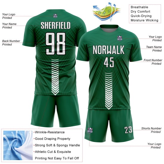 Maillot vert Kelly Shapes, uniforme de football personnalisé à sublimation avec flèche blanche et noire Maillot vert Kelly Shapes, uniforme de football personnalisé à sublimation avec flèche blanche et noire