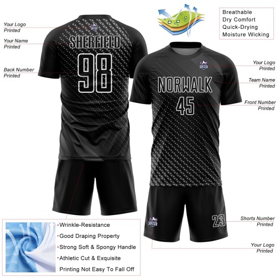 Maillot de football noir à motifs géométriques, uniforme de sublimation, personnalisé, blanc Maillot de football noir à motifs géométriques, uniforme de sublimation, personnalisé, blanc