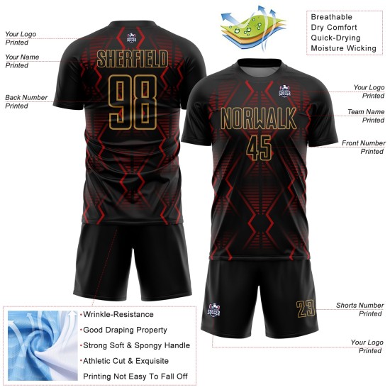 Maillot de football géométrique doré, sublimation, formes personnalisées, uniforme rouge-noir ancien Maillot de football géométrique doré, sublimation, formes personnalisées, uniforme rouge-noir ancien