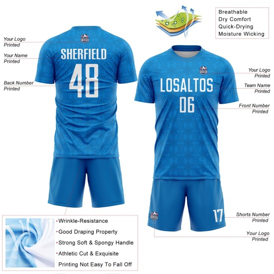Maillot de football personnalisé à formes géométriques bleues et noires, uniforme de sublimation Maillot de football personnalisé à formes géométriques bleues et noires, uniforme de sublimation