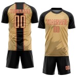 Maillot de football personnalisé à sublimation, motif uniforme doré, noir et rouge Maillot de football personnalisé à sublimation, motif uniforme doré, noir et rouge