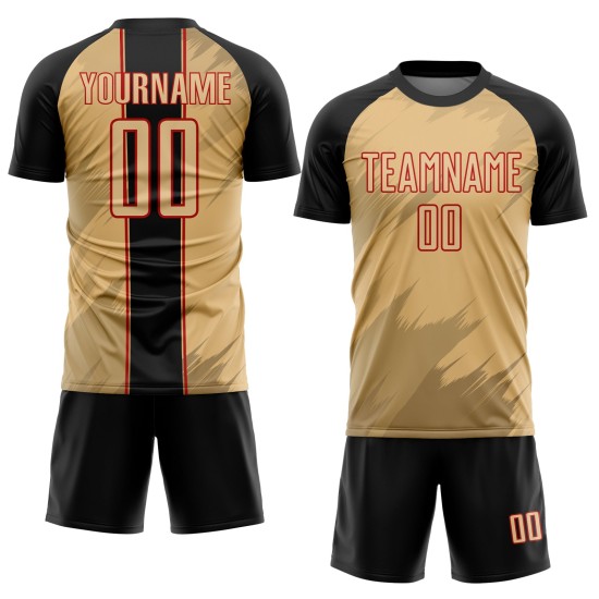 Maillot de football personnalisé à sublimation, motif uniforme doré, noir et rouge Maillot de football personnalisé à sublimation, motif uniforme doré, noir et rouge