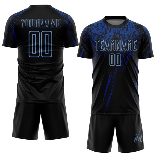 Maillot de football personnalisé à sublimation bleu royal, noir clair Maillot de football personnalisé à sublimation bleu royal, noir clair