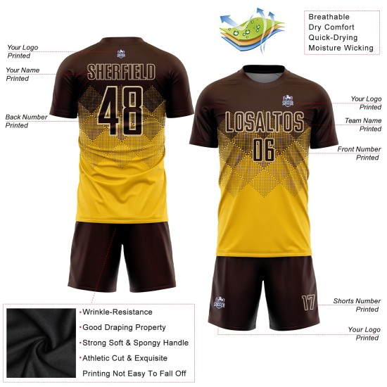 Maillot de football personnalisé à sublimation marron-crème doré Maillot de football personnalisé à sublimation marron-crème doré