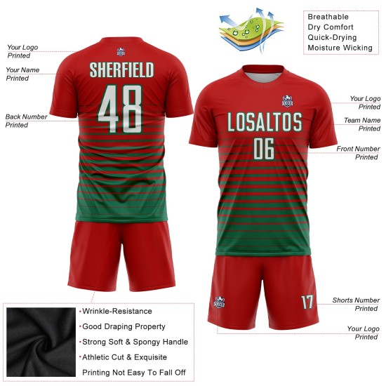 Maillot de football à rayures fines, personnalisé, rouge, blanc et vert Kelly, à la mode, par sublimation Maillot de football à rayures fines, personnalisé, rouge, blanc et vert Kelly, à la mode, par sublimation
