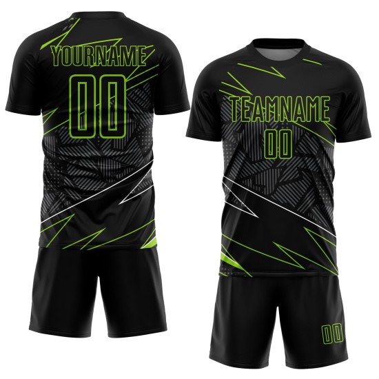 Maillot de football vert uniforme lignes sublimation noir néon personnalisé Maillot de football vert uniforme lignes sublimation noir néon personnalisé
