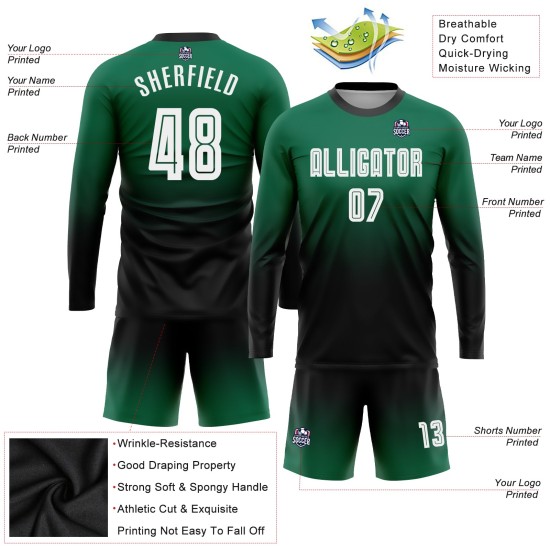 Maillot de football Kelly, manches longues, dégradé, mode, sublimation, vert, blanc et noir, uniforme personnalisé Maillot de football Kelly, manches longues, dégradé, mode, sublimation, vert, blanc et noir, uniforme personnalisé