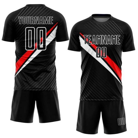 Maillot de football noir et rouge diagonal, sublimation personnalisée, lignes uniformes Maillot de football noir et rouge diagonal, sublimation personnalisée, lignes uniformes