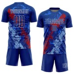 Maillot de football Royal Dripping bleu personnalisé avec sublimation et éclaboussures de lumière rouge Maillot de football Royal Dripping bleu personnalisé avec sublimation et éclaboussures de lumière rouge