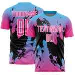 Maillot de football bleu-noir sublimé rose ciel, uniforme personnalisé Splash Maillot de football bleu-noir sublimé rose ciel, uniforme personnalisé Splash
