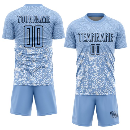 Maillot de football bleu clair uniforme personnalisé à formes géométriques par sublimation noire Maillot de football bleu clair uniforme personnalisé à formes géométriques par sublimation noire