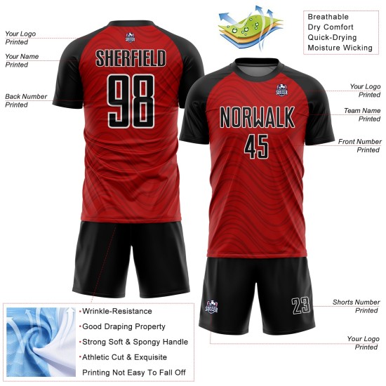 Maillot de football rouge ondulé noir et blanc avec lignes de sublimation personnalisées Maillot de football rouge ondulé noir et blanc avec lignes de sublimation personnalisées