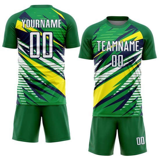 Maillot de football vert personnalisé par sublimation, uniforme blanc, jaune et bleu marine Maillot de football vert personnalisé par sublimation, uniforme blanc, jaune et bleu marine