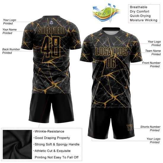 Maillot de football personnalisé doré, ancien uniforme, sublimation, noir Maillot de football personnalisé doré, ancien uniforme, sublimation, noir