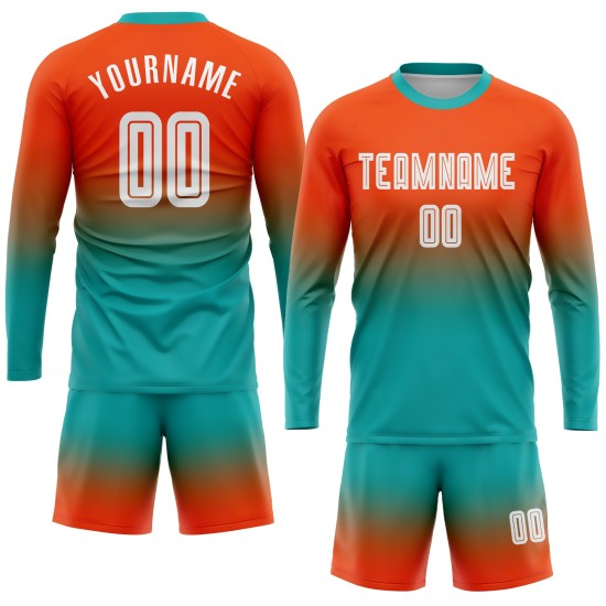 Maillot de football à manches longues, blanc et bleu, à sublimation, personnalisé, orange Maillot de football à manches longues, blanc et bleu, à sublimation, personnalisé, orange