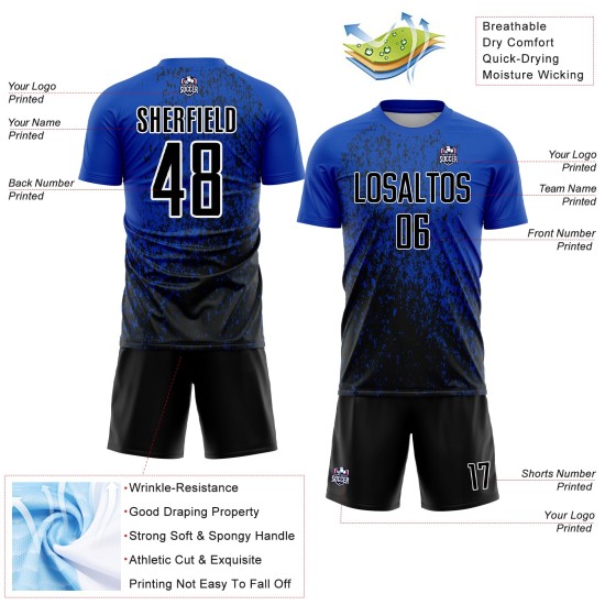 Maillot de football noir et blanc abstrait, art sublimé, bleu, fragment personnalisé, uniforme, tonnerre Maillot de football noir et blanc abstrait, art sublimé, bleu, fragment personnalisé, uniforme, tonnerre