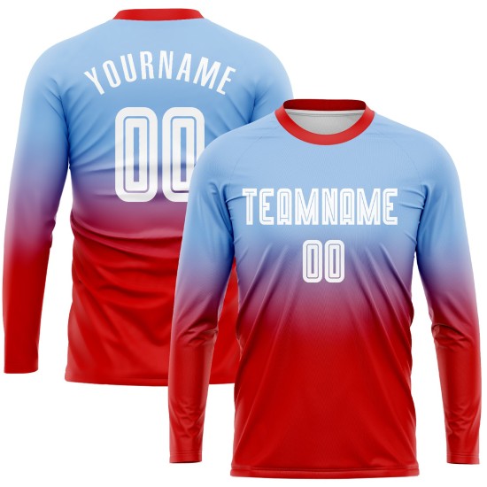 Maillot de football à manches légères, personnalisé, à sublimation, bleu, blanc et rouge, à la mode, dégradé Maillot de football à manches légères, personnalisé, à sublimation, bleu, blanc et rouge, à la mode, dégradé