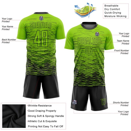 Maillot de football vert fluo noir, uniforme, sublimation personnalisée Maillot de football vert fluo noir, uniforme, sublimation personnalisée