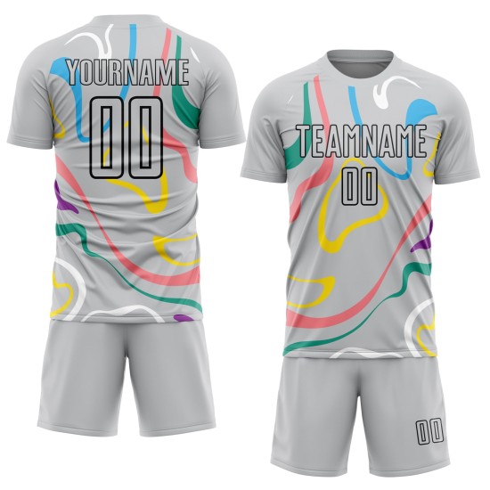 Maillot de football fluide personnalisé, uniforme, sublimation, formes, noir et gris Maillot de football fluide personnalisé, uniforme, sublimation, formes, noir et gris