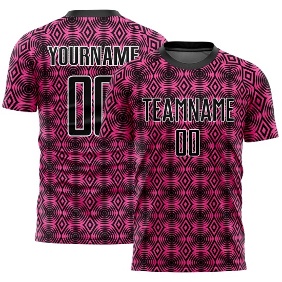 Maillot de football rose géométrique noir et blanc, formes de sublimation personnalisées Maillot de football rose géométrique noir et blanc, formes de sublimation personnalisées
