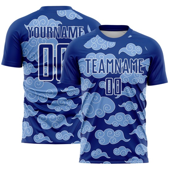 Maillot de football Royal Cloud, modèle uniforme personnalisé par sublimation blanche Maillot de football Royal Cloud, modèle uniforme personnalisé par sublimation blanche