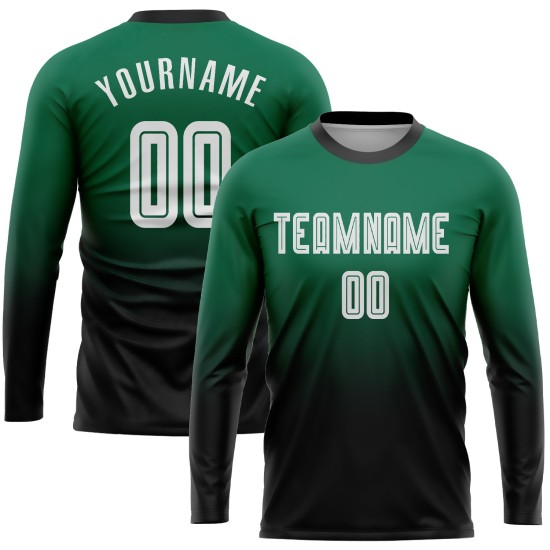 Maillot de football Kelly, manches longues, dégradé, mode, sublimation, vert, blanc et noir, uniforme personnalisé Maillot de football Kelly, manches longues, dégradé, mode, sublimation, vert, blanc et noir, uniforme personnalisé