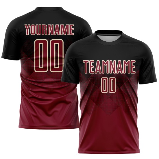 Maillot de football noir personnalisé par sublimation, couleur cramoisi-crème