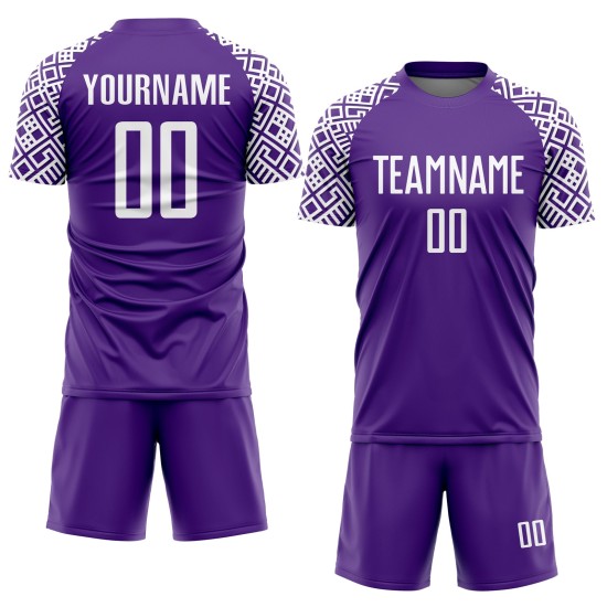 Maillot de football blanc à motif géométrique violet personnalisé par sublimation Maillot de football blanc à motif géométrique violet personnalisé par sublimation