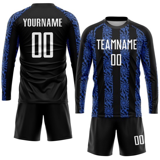 Maillot de football personnalisé à sublimation, uniforme noir, blanc et bleu roi Maillot de football personnalisé à sublimation, uniforme noir, blanc et bleu roi